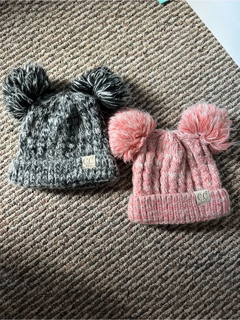 C.C Kids Double Pom Knit Beanies - Pink & Gray